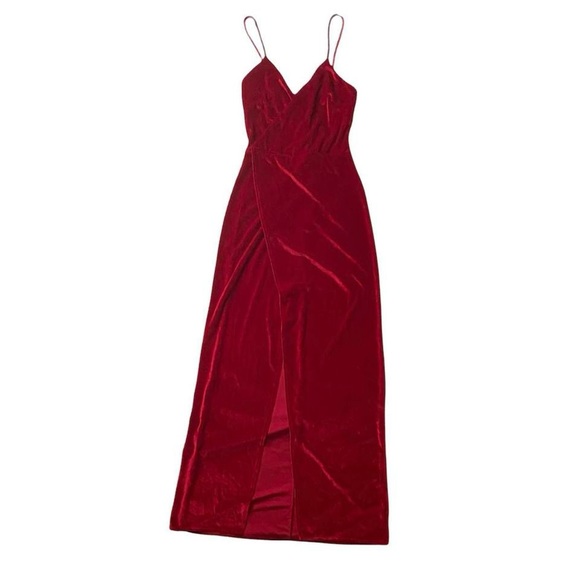 Evening Dark Red High Slit Velvet Wrap Floor Length Dress - Picture 2 of 5